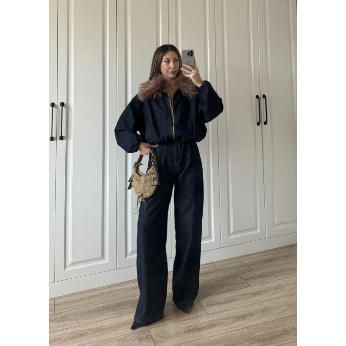 Yakası Çıkarılabilir Kürk Detaylı Denim Takım