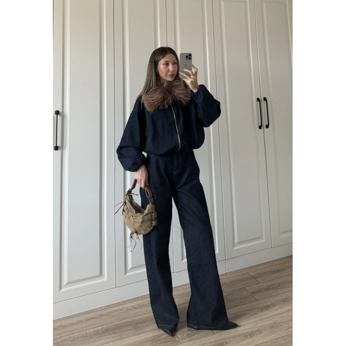 Yakası Çıkarılabilir Kürk Detaylı Denim Takım
