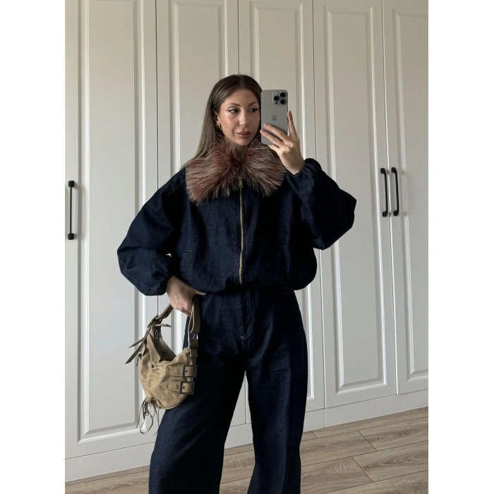 Yakası Çıkarılabilir Kürk Detaylı Denim Takım