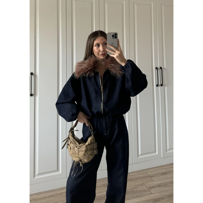 Yakası Çıkarılabilir Kürk Detaylı Denim Takım
