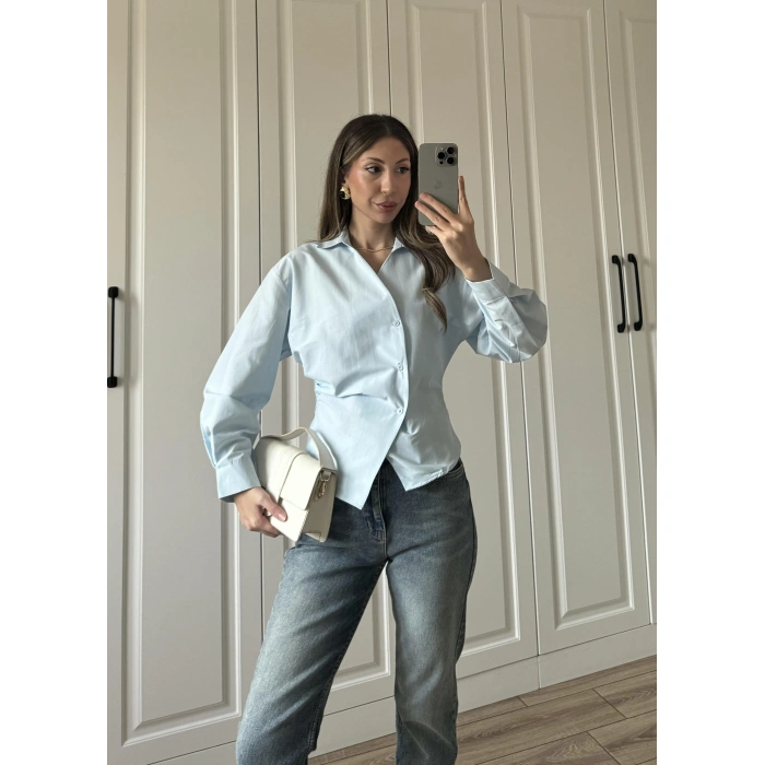 Yandan Düğmeli Çapraz Tasarım Bebe Mavi Poplin Gömlek