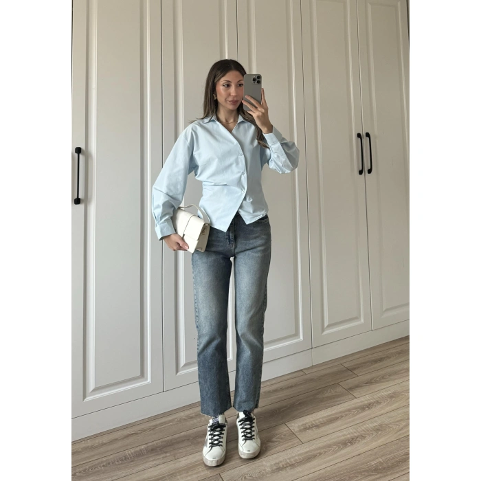 Yandan Düğmeli Çapraz Tasarım Bebe Mavi Poplin Gömlek