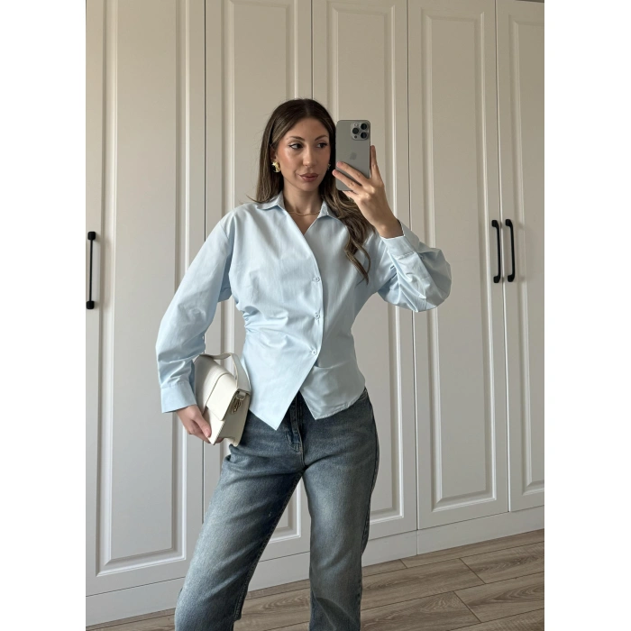 Yandan Düğmeli Çapraz Tasarım Bebe Mavi Poplin Gömlek