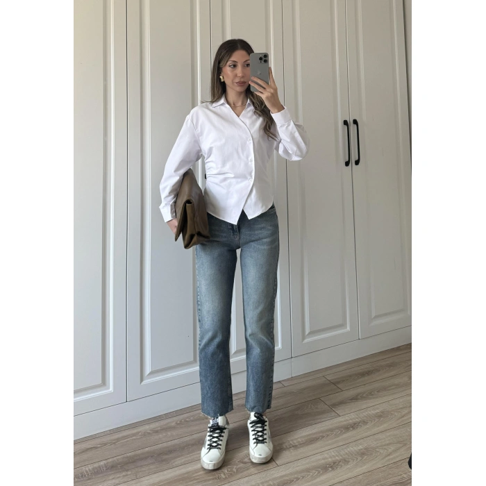 Yandan Düğmeli Çapraz Tasarım Beyaz Poplin Gömlek