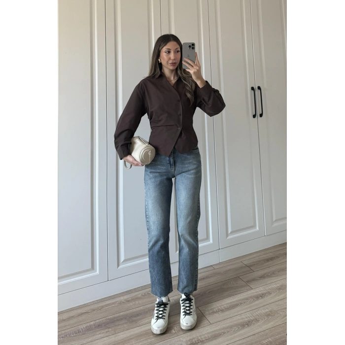 Yandan Düğmeli Çapraz Tasarım Kahve Poplin Gömlek