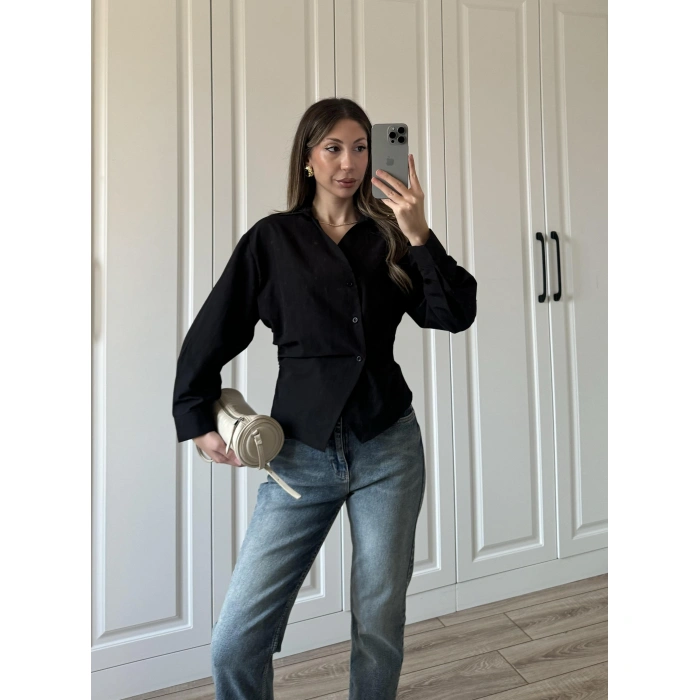 Yandan Düğmeli Çapraz Tasarım Siyah Poplin Gömlek