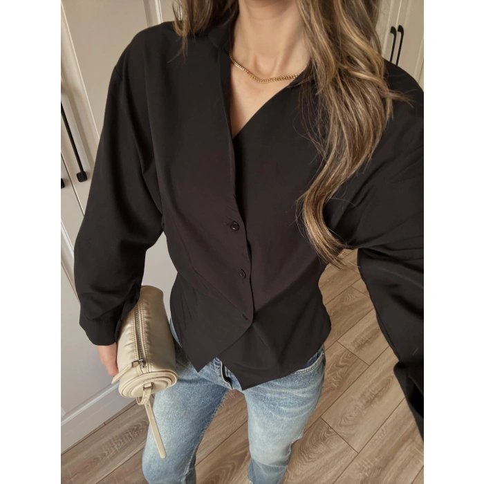 Yandan Düğmeli Çapraz Tasarım Siyah Poplin Gömlek