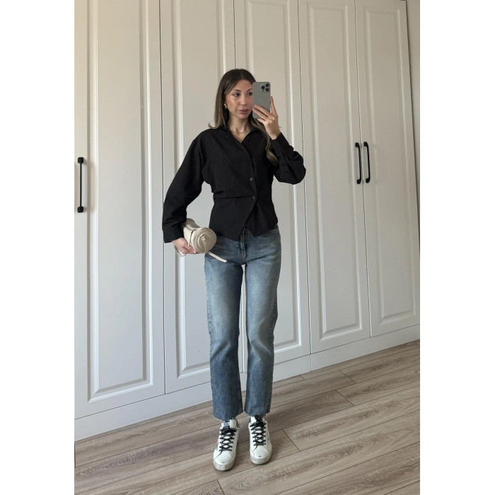 Yandan Düğmeli Çapraz Tasarım Siyah Poplin Gömlek