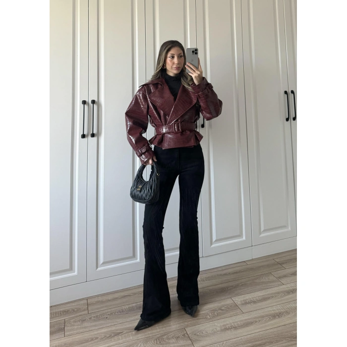 Yılan Derili Premium Bordo Deri Ceket