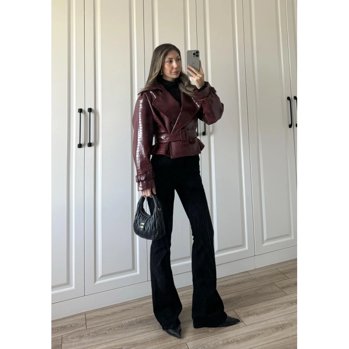 Yılan Derili Premium Bordo Deri Ceket