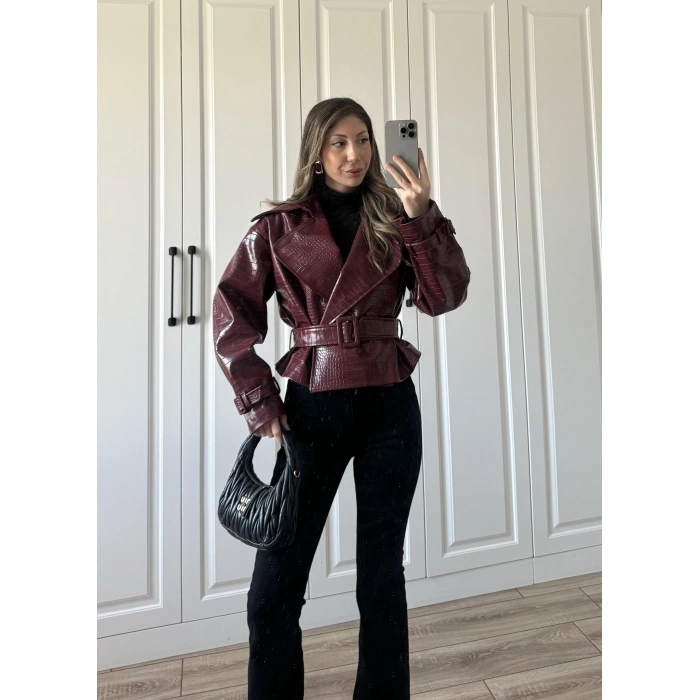 Yılan Derili Premium Bordo Deri Ceket