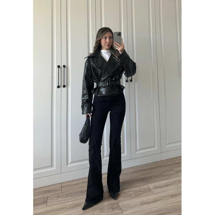 Yılan Derili Premium Siyah Deri Ceket