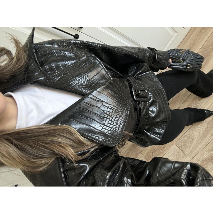 Yılan Derili Premium Siyah Deri Ceket