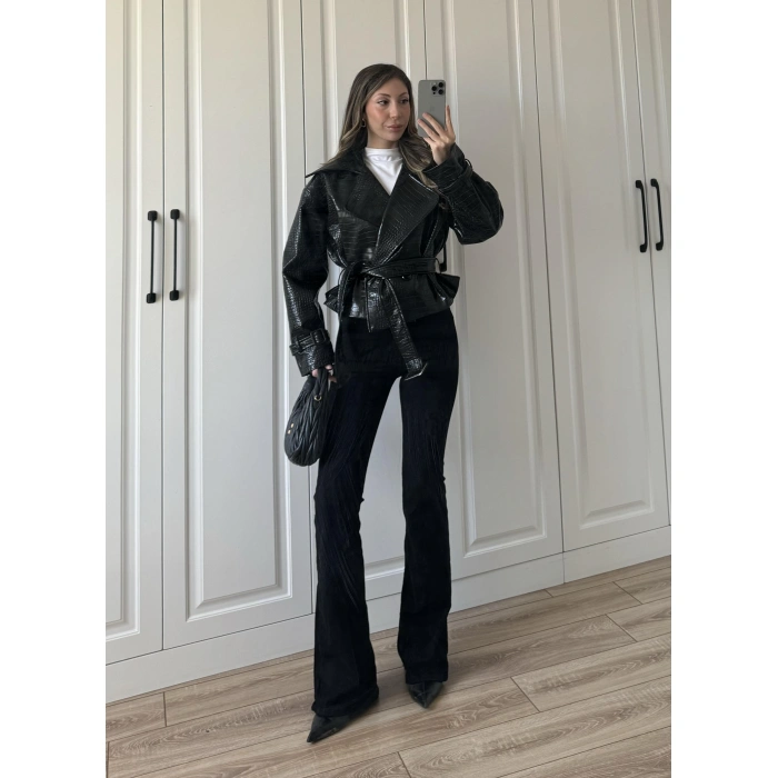 Yılan Derili Premium Siyah Deri Ceket