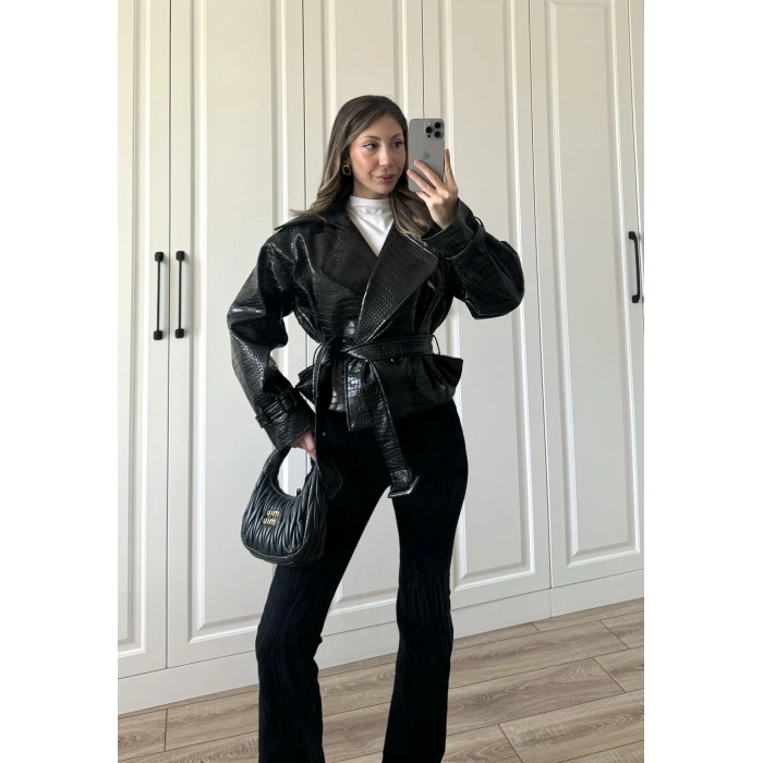 Yılan Derili Premium Siyah Deri Ceket