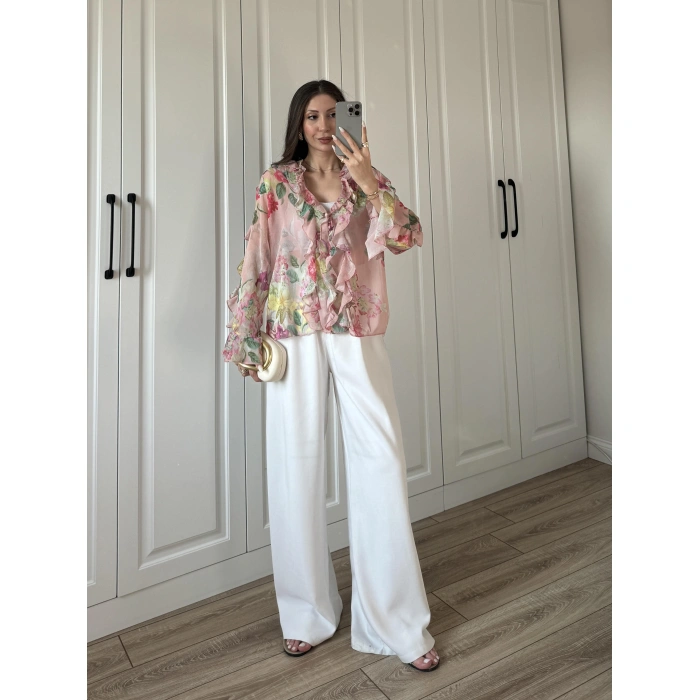 Zr Model Çiçek Desenli Fırfırlı Gömlek Bluz