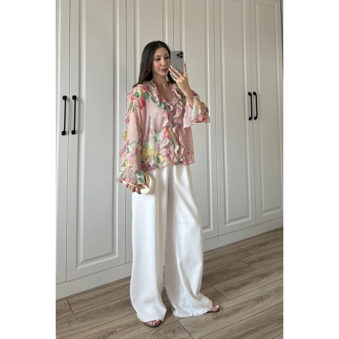 Zr Model Çiçek Desenli Fırfırlı Gömlek Bluz