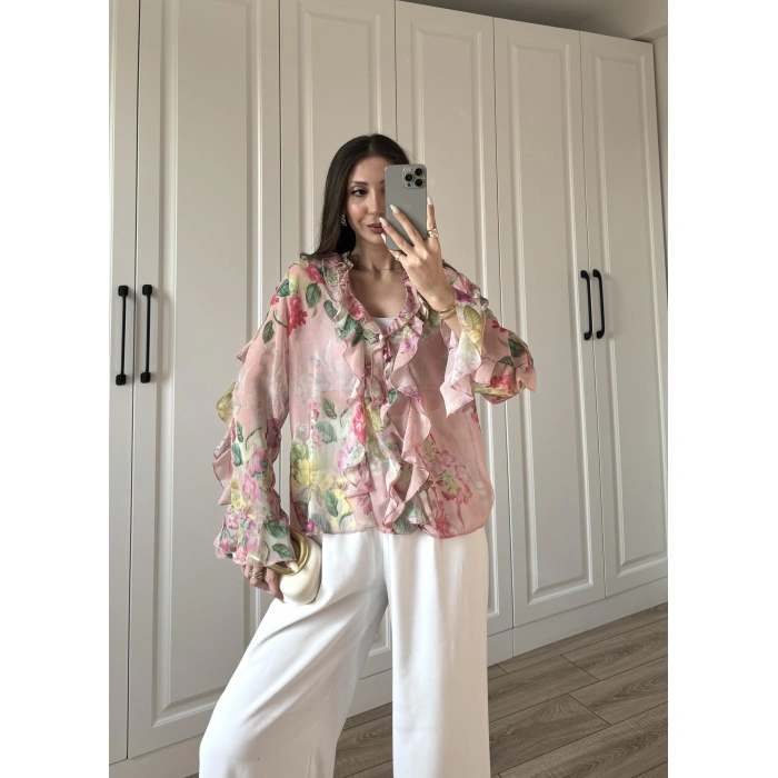 Zr Model Çiçek Desenli Fırfırlı Gömlek Bluz