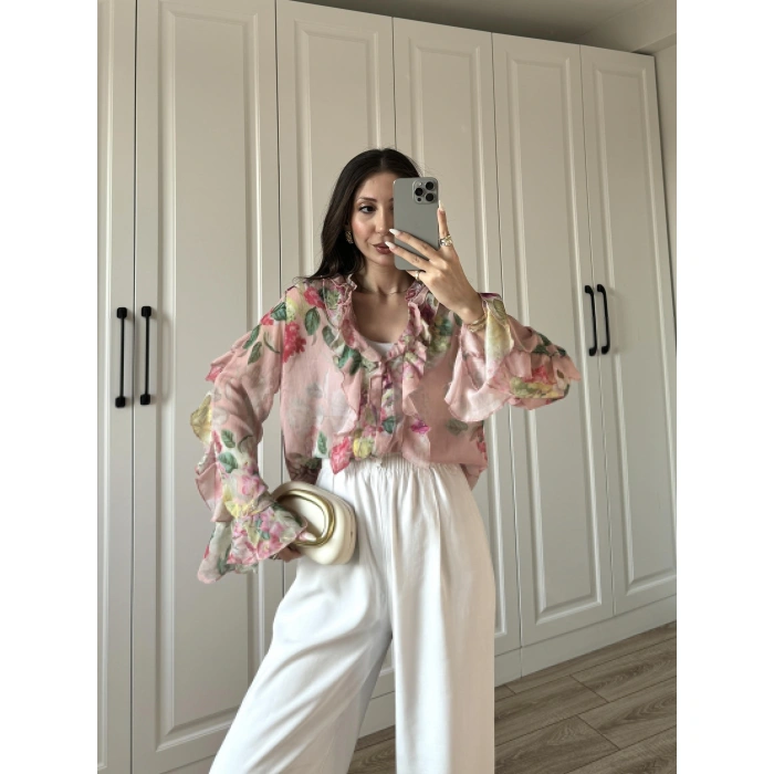 Zr Model Çiçek Desenli Fırfırlı Gömlek Bluz