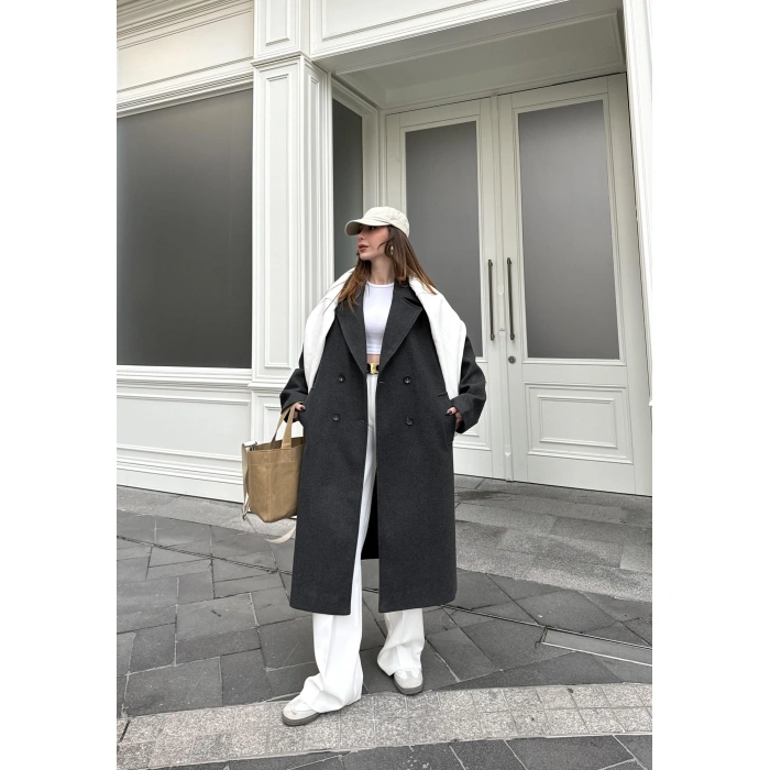 Zr Model Oversize Astarlı Antrasit Kaşe Kaban