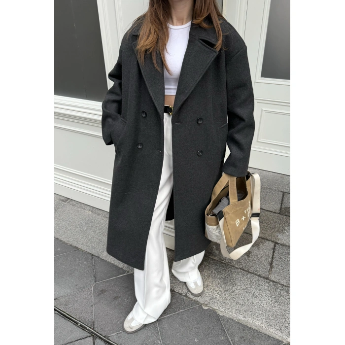 Zr Model Oversize Astarlı Antrasit Kaşe Kaban