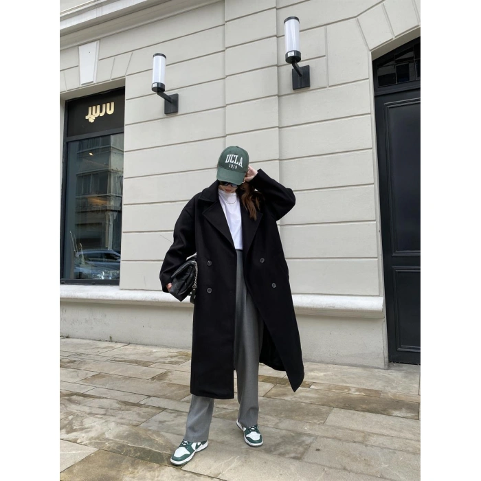 Zr Model Oversize Siyah Kaşe Kaban