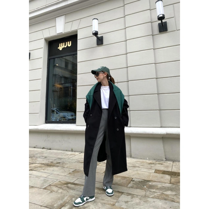 Zr Model Oversize Siyah Kaşe Kaban