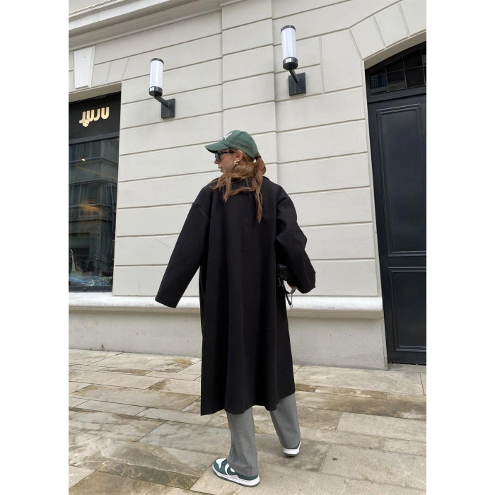 Zr Model Oversize Siyah Kaşe Kaban