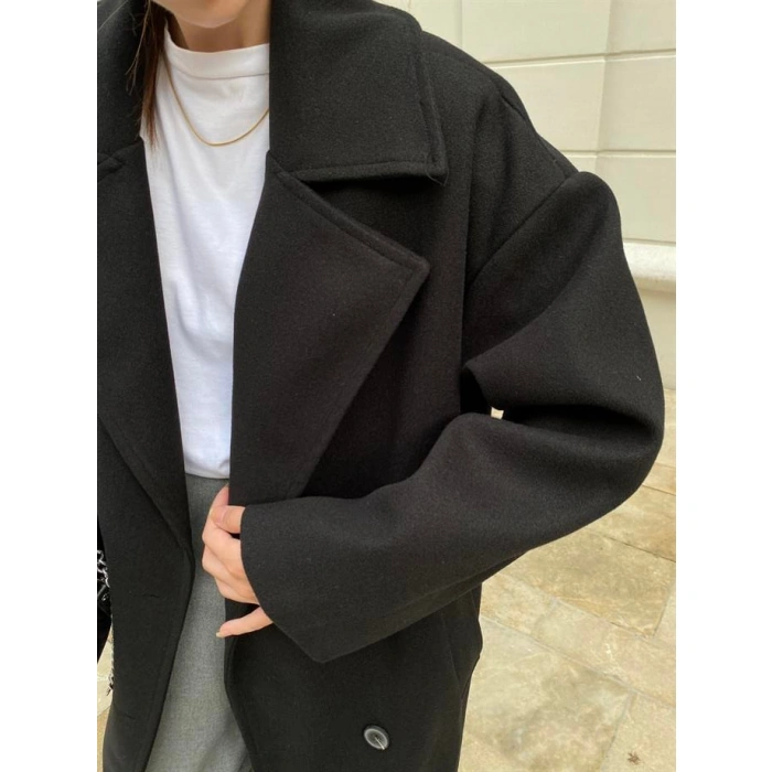 Zr Model Oversize Siyah Kaşe Kaban