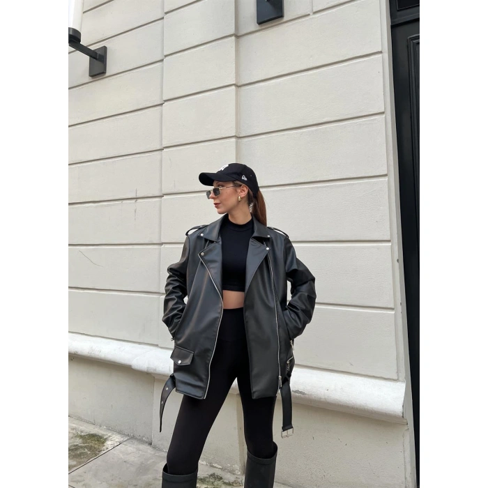 Zr Model Siyah Biker Deri Ceket