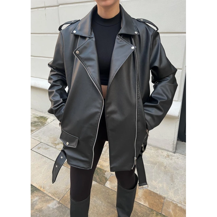 Zr Model Siyah Biker Deri Ceket