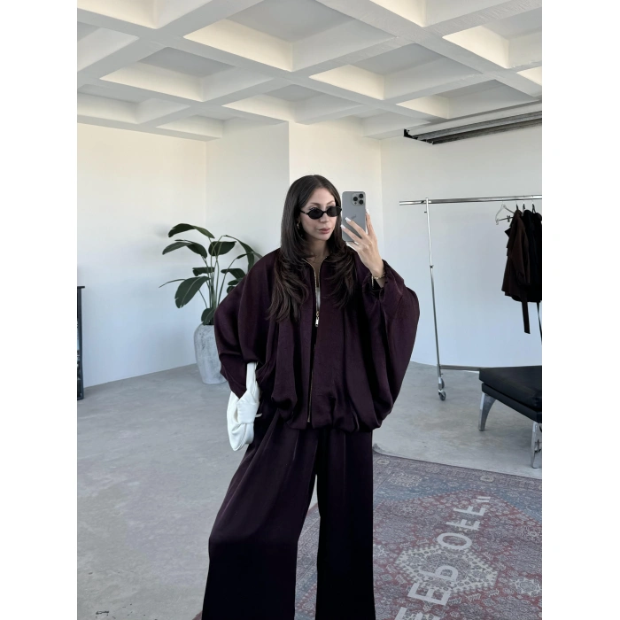 Zr Saten Oversize Bordo Bomber Ceket