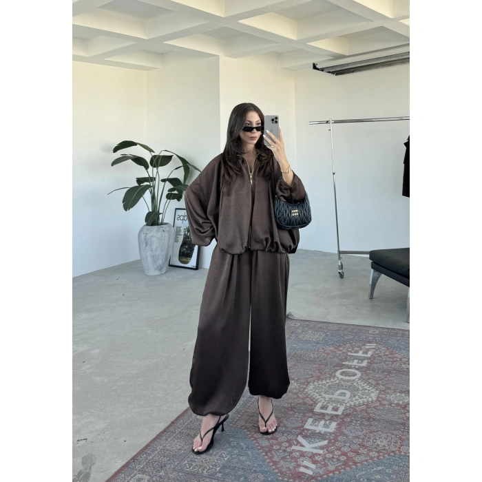 Zr Saten Oversize Kahve Bomber Ceket