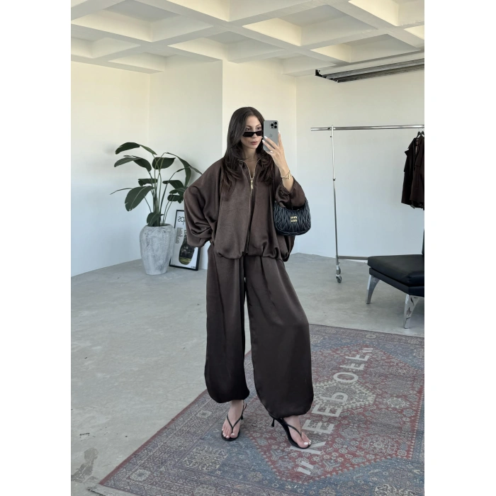 Zr Saten Oversize Kahve Bomber Ceket