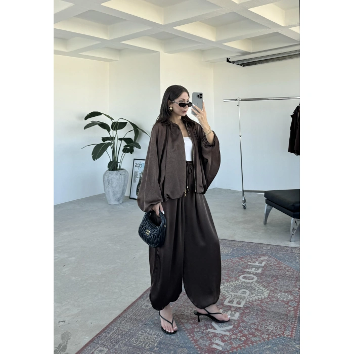 Zr Saten Oversize Kahve Bomber Ceket