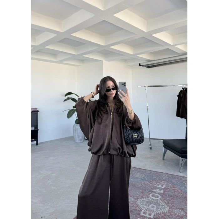 Zr Saten Oversize Kahve Bomber Ceket