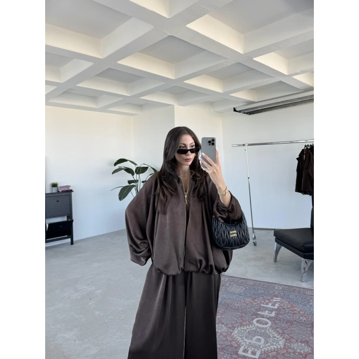 Zr Saten Oversize Kahve Bomber Ceket