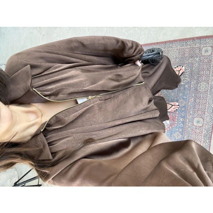 Zr Saten Oversize Kahve Bomber Ceket