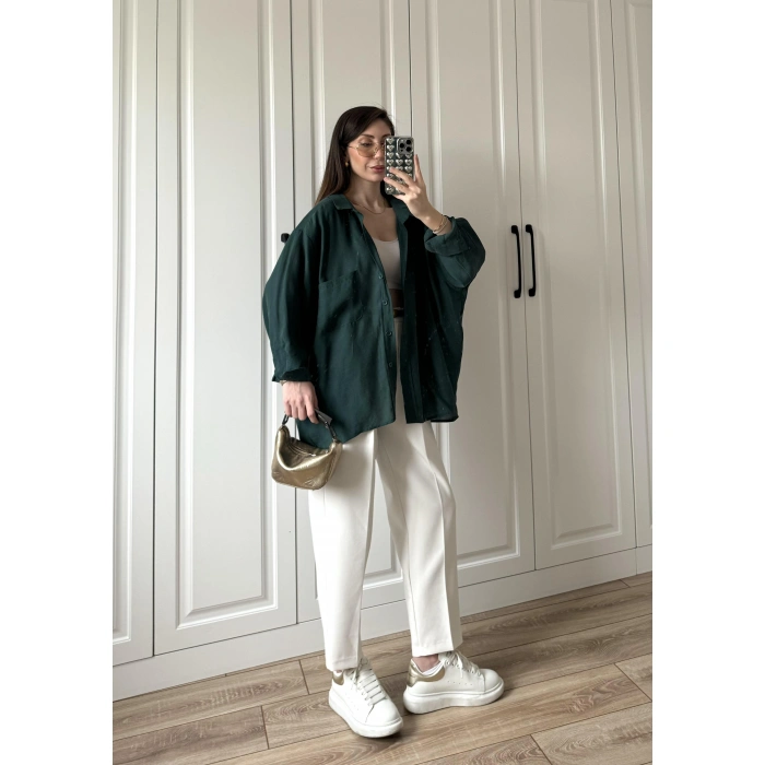 Zümrüt Yeşilİ Oversize Tensel Gömlek