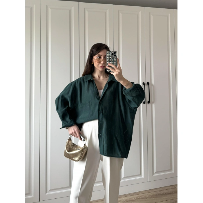 Zümrüt Yeşilİ Oversize Tensel Gömlek