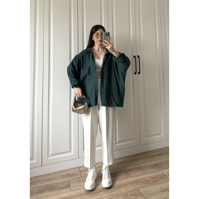 Zümrüt Yeşilİ Oversize Tensel Gömlek