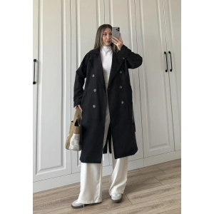 Aria Kuşaklı Astarlı Premium Siyah Trençkot