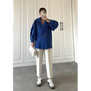 Balonkol Kısa Oversize Saks Mavi Trençkot