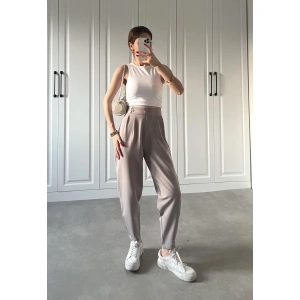 Beli Çift Düğme Detaylı Gri Kumaş Pantolon