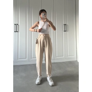 Beli Çift Düğme Detaylı Taş Kumaş Pantolon