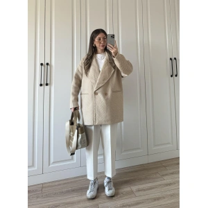 Camel Balıksırtı Desenli Kaşe Kaban