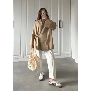 Cappuccino Yandan Bağlamalı Gabardin Kimono Ceket