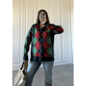 Gömlek Yaka Baklava Desenli Kırmızı Triko Kazak