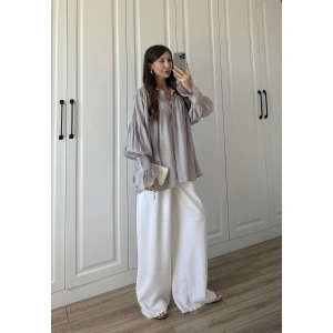 Kolları Volanlı Pinterest Viral Gri  Gömlek