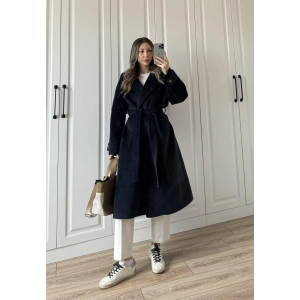 Kuşaklı Premium İthal Lacivert Yün Kaban